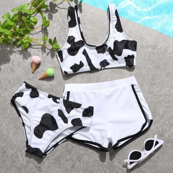 

one-pieces baby swimwear summer cute crisscross back cow floral print three-piece swimsuit clothes girls bikini beach bathing suit, Black