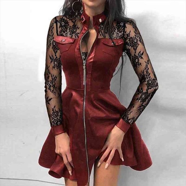 

women summer lace sleeve pu faux leather plus size dress fashion v-neck zipper party dress ladies bodydon vestidos, Black;gray