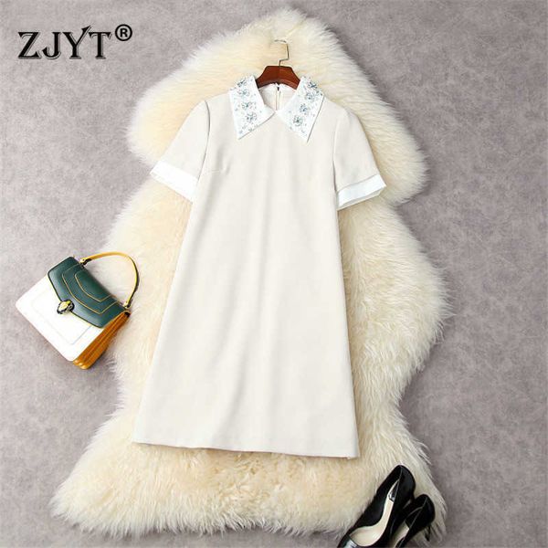 

runway fashion women's summer short sleeve luxury diamonds turn down collar solid loose waist dress casual office aline vestidos 210601, Black;gray