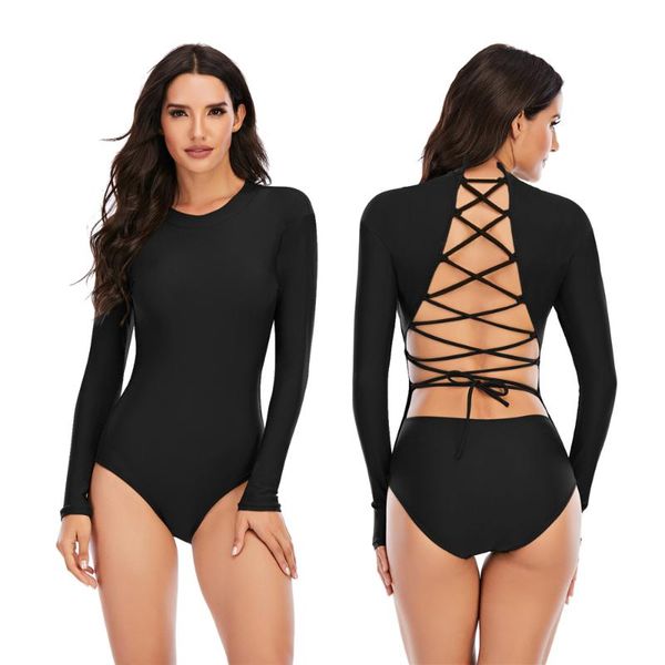 

Women's Swimwear 2021 Black One-Piece Swimsuits Long Sleeve Bodysuit Backless Bathing Suit Woman Plus Size Beachwear Rash Guard