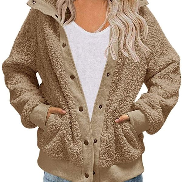 

wool new women's long sleeved winter plush coat warm fleece, Black