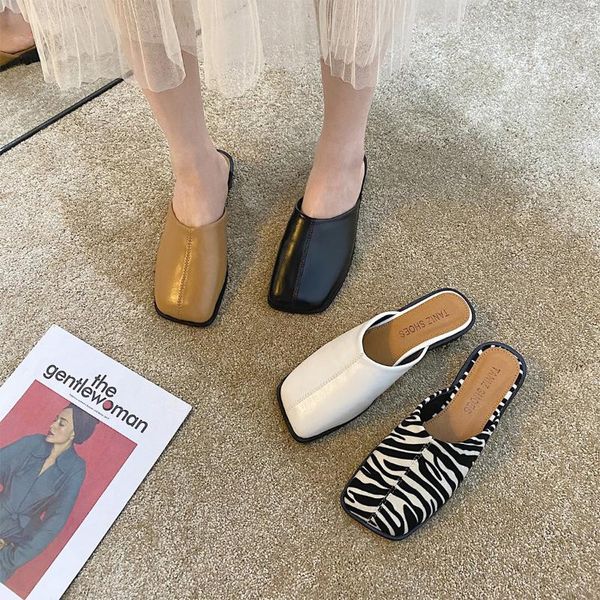 

fashion slippers women summer zebra pattern mule shoes low heels square toe slides outdoor slippers spring casual flat shoes, Black