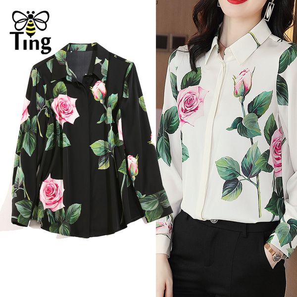Tingfly Designer Rose Blume Floral Turn Down Kragen Button Up Blusen Elegante Frauen Büro Arbeit Bluse Blusas Femme Shirts Plus 210225
