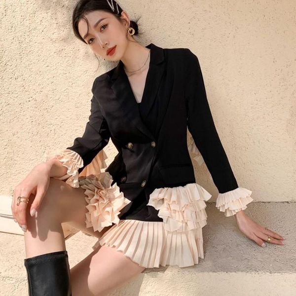 

women's suits & blazers luxury designer fashion notched collar long-sleeved blazer coat autumn double breasted sweet ruffles patchwork, White;black