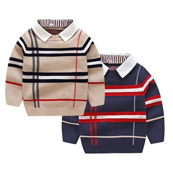 

pullover 1-8 years old kids boys girls clothes autumn fashion knitted gentleman knitwear children plaid winter warm baby sweaters, Blue