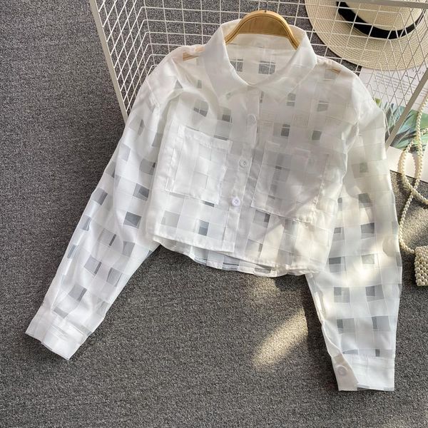 

women's blouses & shirts mesh patchwork plaid blouse 2021 summer single-breasted turn-down collar long sleeve female plus size, White