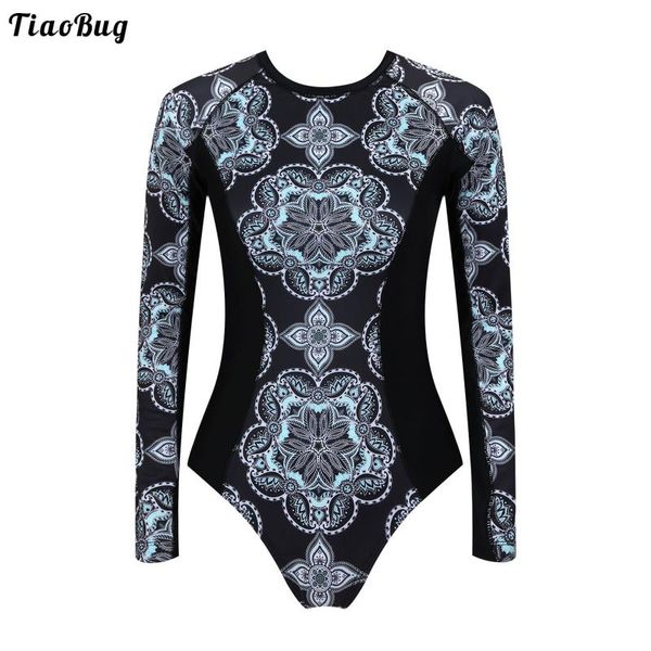 

one-piece suits tiaobug summer women swimming surfing bodysuit stand collar long sleeve back zipper closure floral print removable pads swim