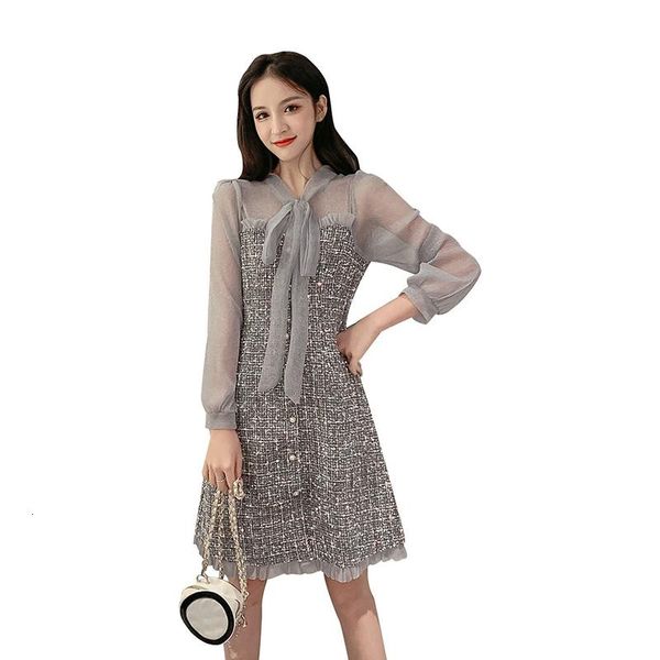 

casual dresses 2021 winter women tweed long sleeve dress vintage korean fashion elegant mesh patchwork ladies party mini clothes, Black;gray