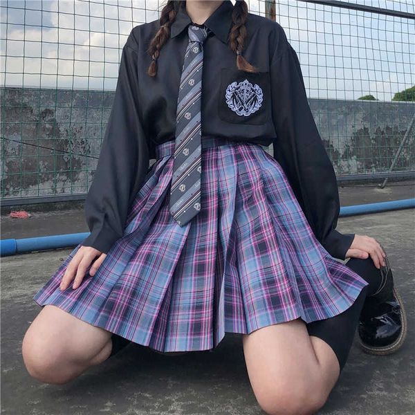 

three piece set japanese jk uniform female mini plaid pleated skirt casual a-line ulzzang kawaii punk harajuku sets 210608, White