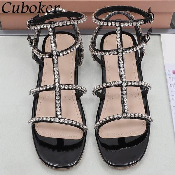 

sandals brand runway gladiator women flat with ladies slides peep toe rhinestone tied buckle strap mujer, Black