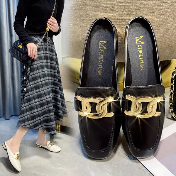 

luxury slippers women's low heel metal buckle muller lazy leisure small leather sho, women, Black