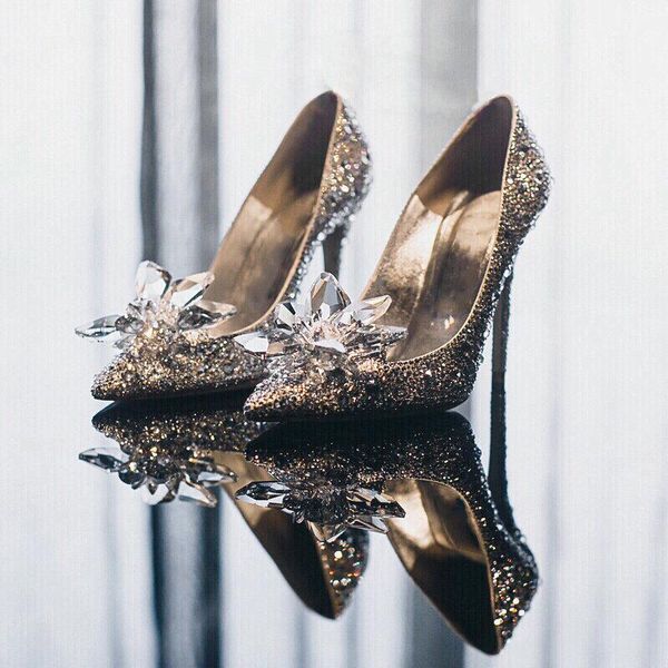 

dress shoes 2021 est rhinestone high heels cinderella women pumps pointed toe woman crystal party wedding 5cm/7cm/9cm, Black