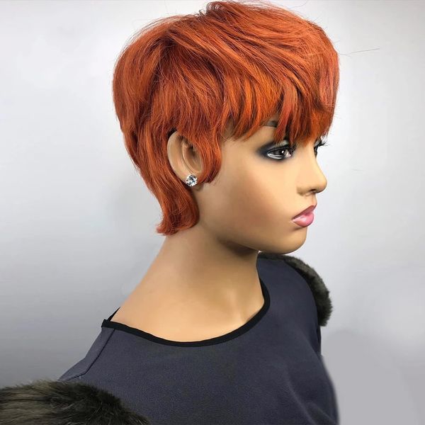 

Orange Ginger Color Wig Short Wavy Bob Pixie Cut Full Lace Front Human Hair Wigs with Bangs for Black Women Brazilian None Lace, Orange(aa2538)