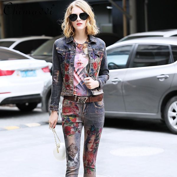 

women's two piece pants european fashion printed denim suit 2021 spring long-sleeved jacket skinny temperament 2-piece set, White