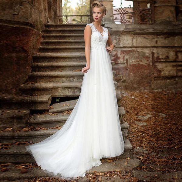 

v-neck 2021 new a-line appliques wedding es bridal gowns tulle lace up back sleeveless beautiful zbvz, White
