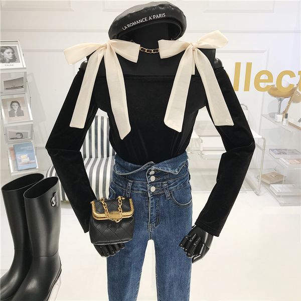 

boat temperature butterfly neck bandage short velvet women spring black design bottom shirt lomc, White