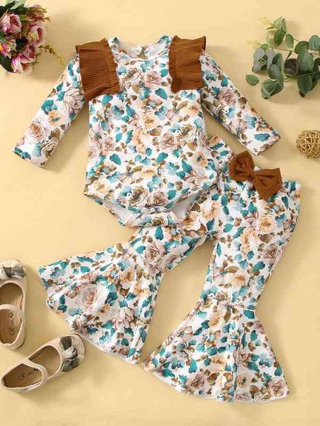 

baby floral print ruffle trim bodysuit & flare leg pants she, White