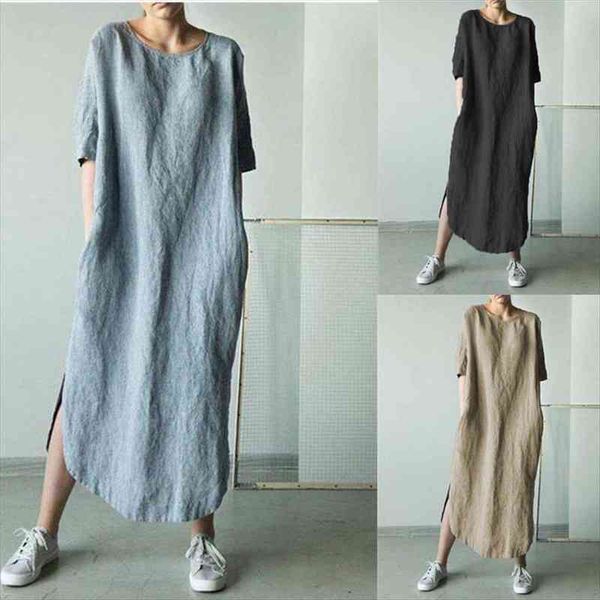 

mid sleeve split casual women dress loose round neck maxi long spring summer fashion party solid color dropship, Black;gray