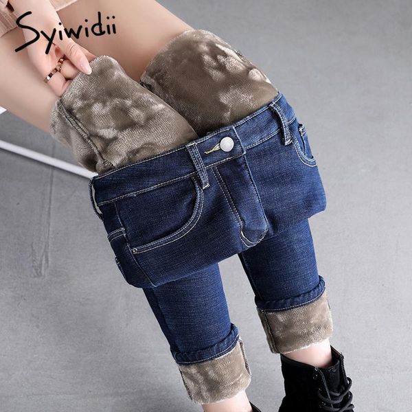 

women's jeans syiwidii velvet high waisted skinny plus size stretch pencil pants 2021 fashion winter fall warm casual spandex softener, Blue