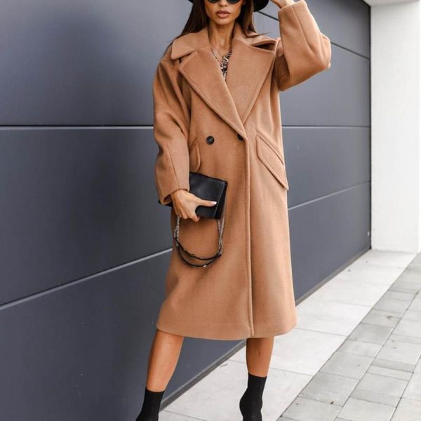 

women's wool & blends women oversize coat solid color double breasted autumn winter turndown collar pockets overcoat for office, Black