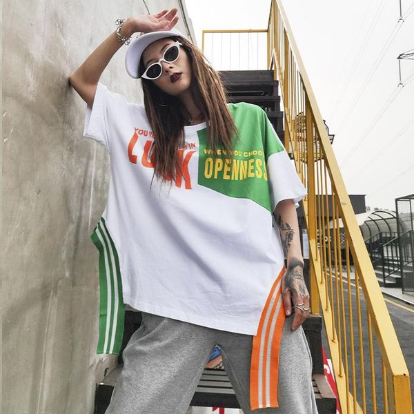 

women's t-shirt black white irregular summer women 2021 patchwork short sleeve plus size letter print z591