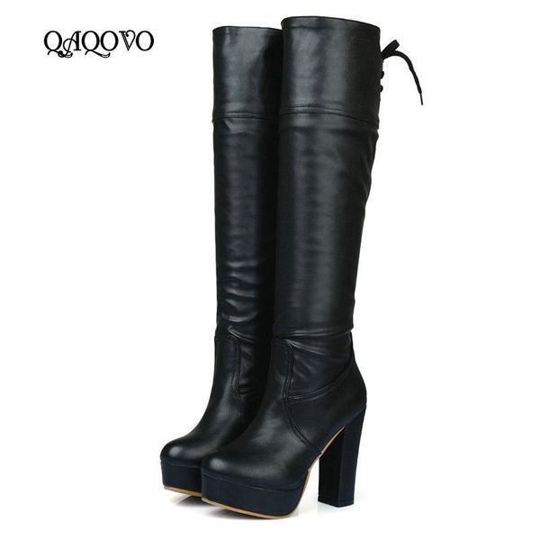 

boots spring autumn women platform knee high square heel lacing fashion winter ladies shoes black brown