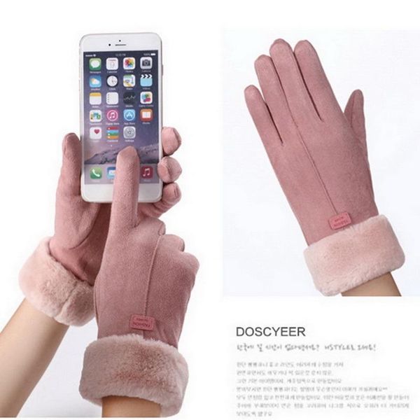 

five fingers gloves winter female lace warm cashmere three ribs cute bear mittens double thick plush wrist women touch screen driving, Blue;gray