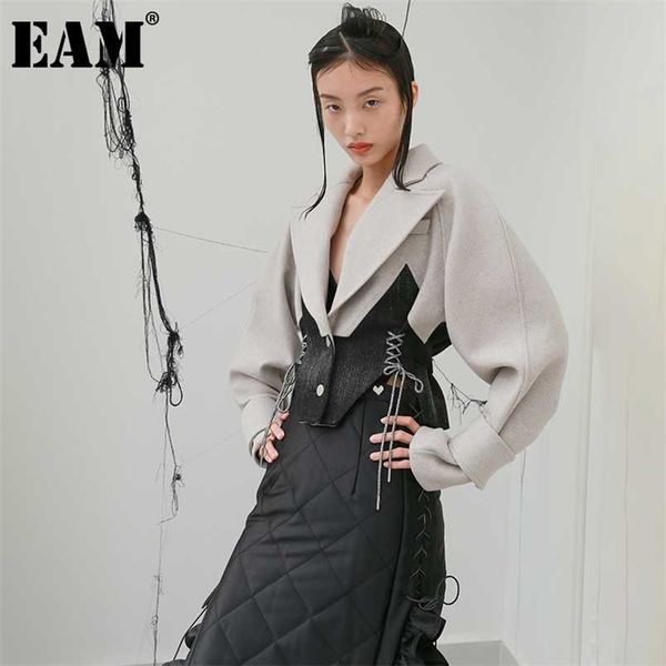 

[eam] loose fit contrast color bandage short woolen coat parkas long sleeve women fashion autumn winter 1dd2169 211106, Black