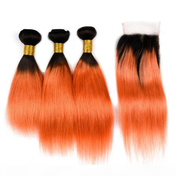 

two tone 1b orange straight hair with lace closure peruvian virgin human hair weaves dark root straight hair with closure 4pcs lot, Black;brown