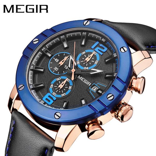 

wristwatches megir men wrist watch leather strap quartz waterproof chronograph mens watches clock relogio masculino, Slivery;brown