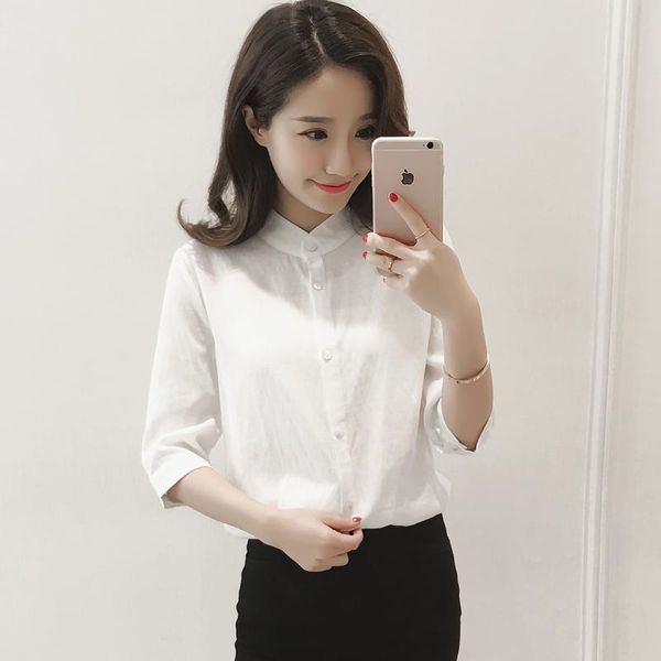 

women's blouses & shirts 2021 summer half-sleeves wild blouse female korea style stand solid color white shirt cotton linen lady 261
