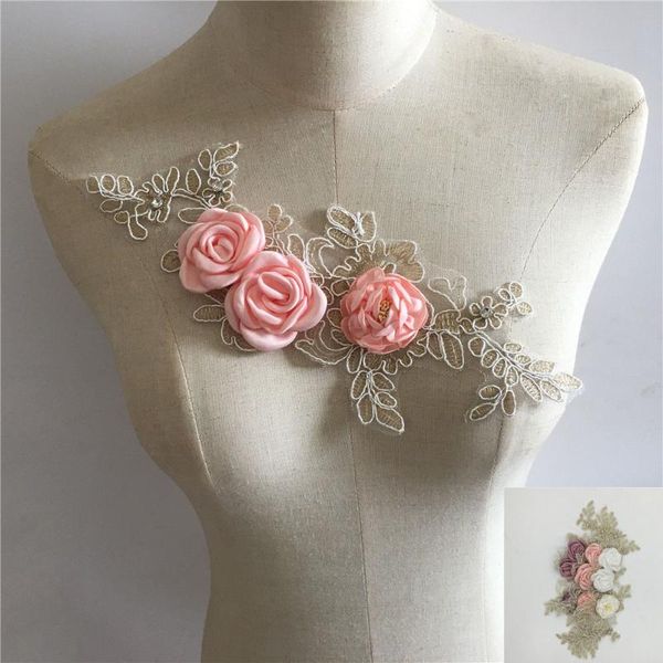 

ribbon fashion 3d three-dimensional flower embroidery lace collar diy rhinestone decoration clothes sewing accessories, Pink;blue