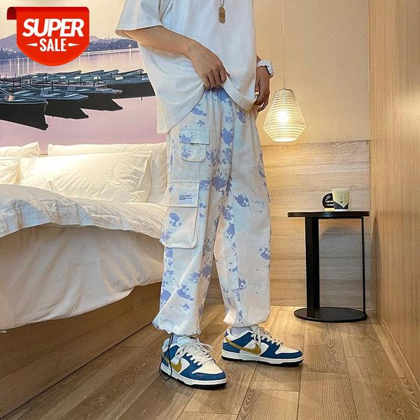 

yemi fashion | tie-dye casual pants men's korean version of the trend loose camouflage drawstring feet tooling wide legs #be7y, Black