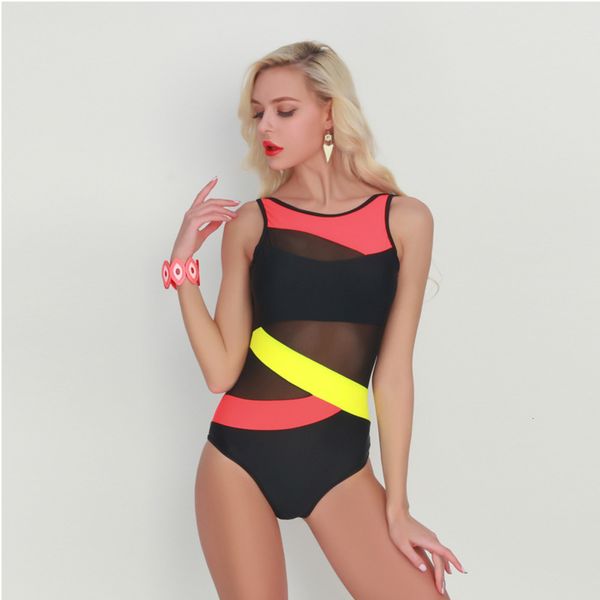 

2020 new one piece splicing conservative mesh women's nylon swimsuit, White;black