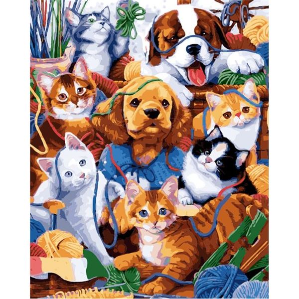 

paintings paint by number dog and cat with frame on canvas for adults drawing diy craft kits coloring picture home decorative