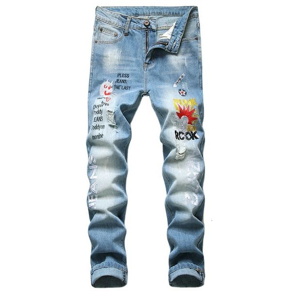 

new denim designer hole moto bike jeans ripped for men size 28-38 40 42 2021 autumn spring hip hop punk streetwear srru, Blue