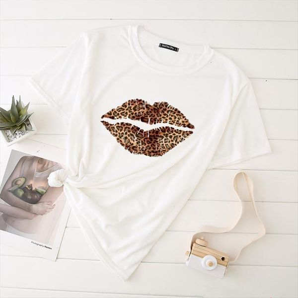 

leopard print lips street womens style white harajuku graphic fashion casual tee