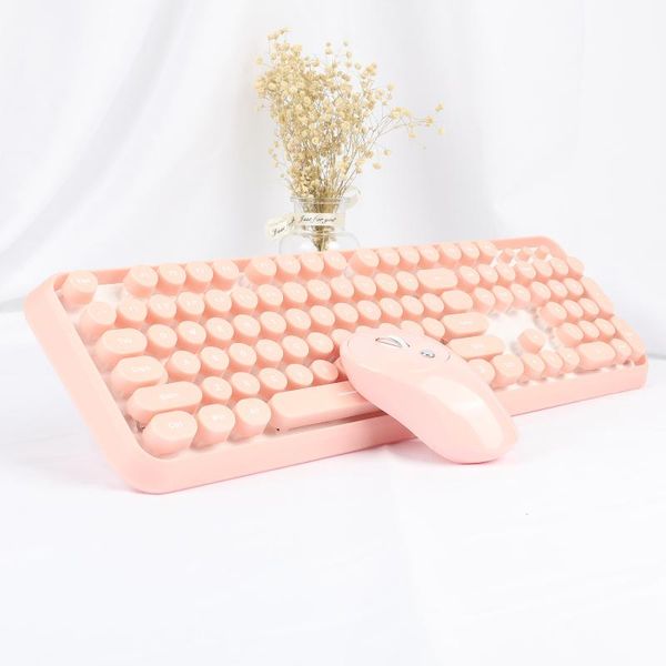

cute pink wireless keyboard and mouse set business silent computer round keycap