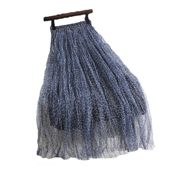 

2021 spring autumn new high waist thin elastic waist pleat mesh leopard print mid-length skirt women skirts 176b, Black