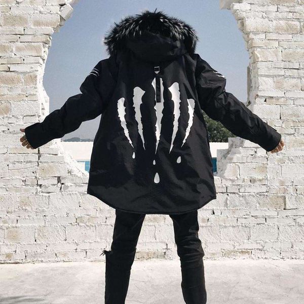 

2021 hip hop scratching fur collar hooded street wear fashion cotton parka jacket add wool clothing thicken men women coats, Black;brown
