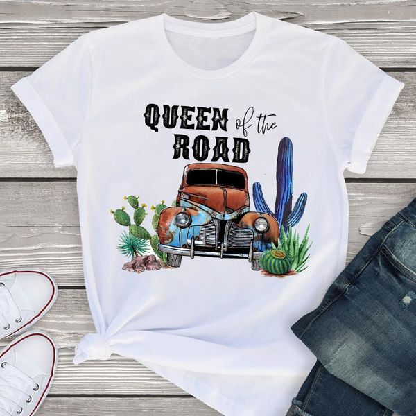 

women graphic cartoon camper holiday truck short sleeve print summer shirt tees clothing female t shirt womens t-shirt, White