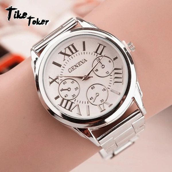 

wristwatches tike toker brand 3 eyes silver geneva casual quartz watch women stainless steel dress watches ladies clock, Slivery;brown