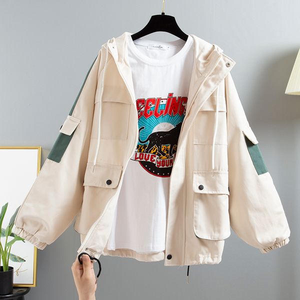 

spring autumn outerwear coat women long sleeve casual patchwork oversize loose zipper windbreaker female harajuku hooded jacket 10vz, Black;brown