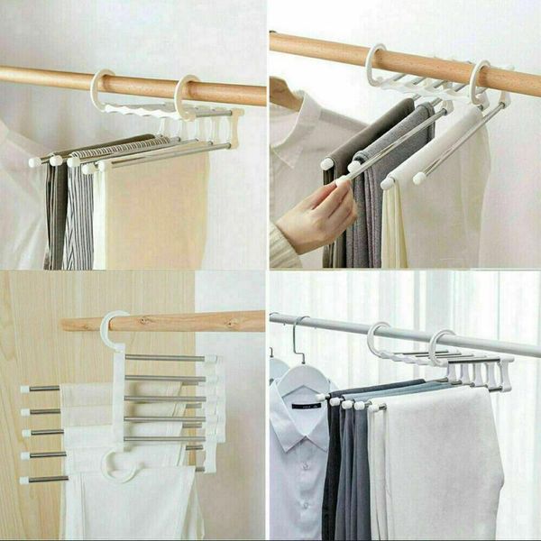 

multi-functional 5 in 1 stainless steel pants rack retractable hanger scarf shelf with two tiny hooks 2021 new selling