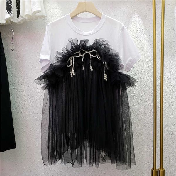 

faop women white bow beading mesh patchwork t-shirt round neck short sleeve fashion casual spring summer gb614 210709