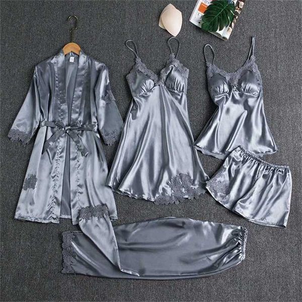 

sleepwear female 5pcs pajamas set satin pyjamamas lace patchwork bridal wedding nightwear rayon home wear nighty&robe suit 211111, Black;red