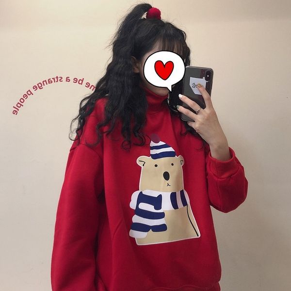 

2021 new autumn and winter high collar cute bear big red festive padded pullover sweatshirt long sleeve hoodie cp9v, Black
