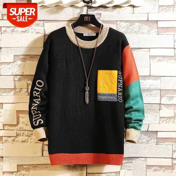 

2021 new sweaters men's black patchwork long sleeves autumn winter pullover knitted o-neck plus oversize 5xl #1c90, White;black