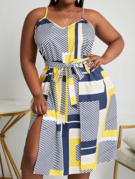 

sxy plus striped & patchwork print thigh split belted dress u9er#, Black
