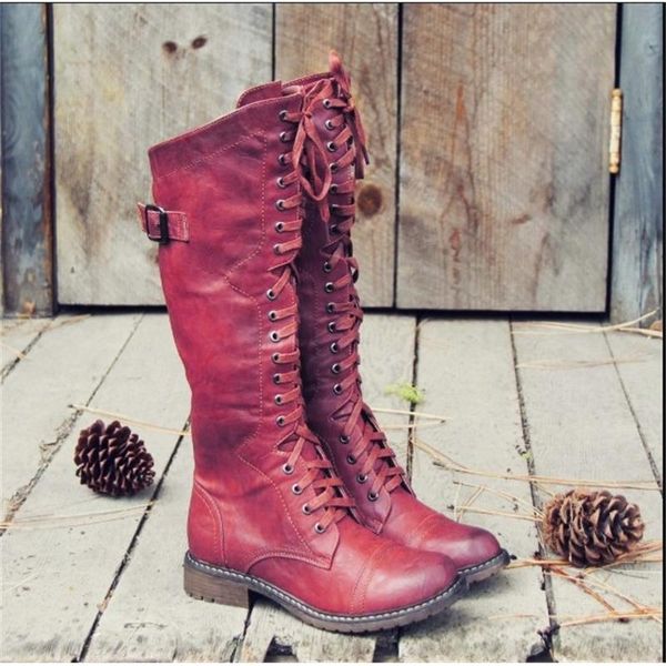 

boots large size autumn / winter 2021 fashion round head low heel high tube cross strap chivalry, Black